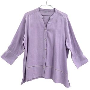 Symple‎ NYC Linen Band Collar V Neck Button Front Tunic Top  Shirt Lavender XL